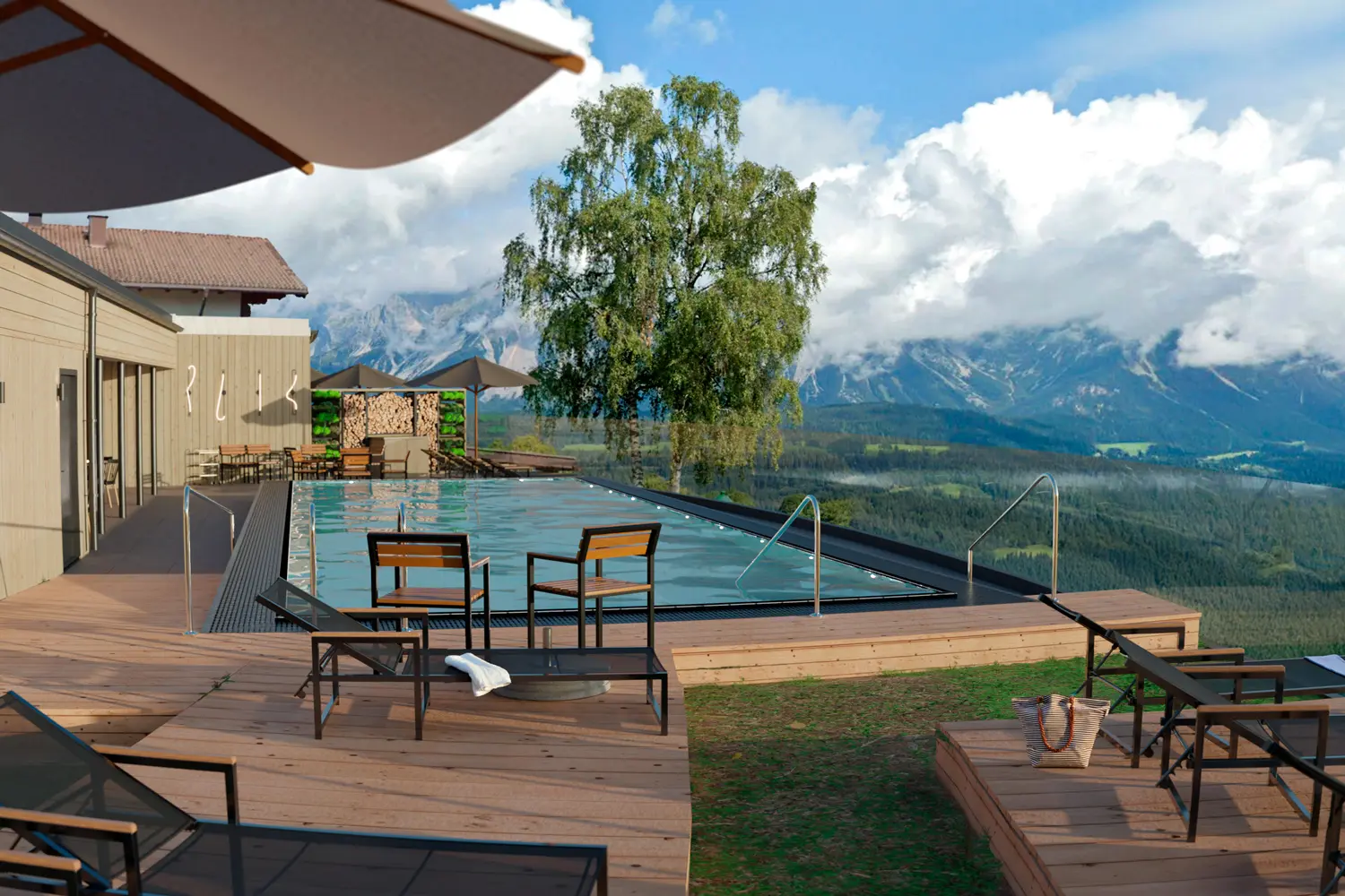 Hotel Waldfrieden - Visualisierung Außenpool mit Blick auf den Dachstein